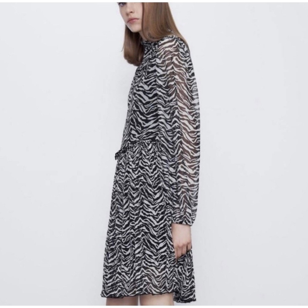 Zara Womens Zebra Print Ruffle Neck Long Sleeve Pleated Mini Dress Black White S